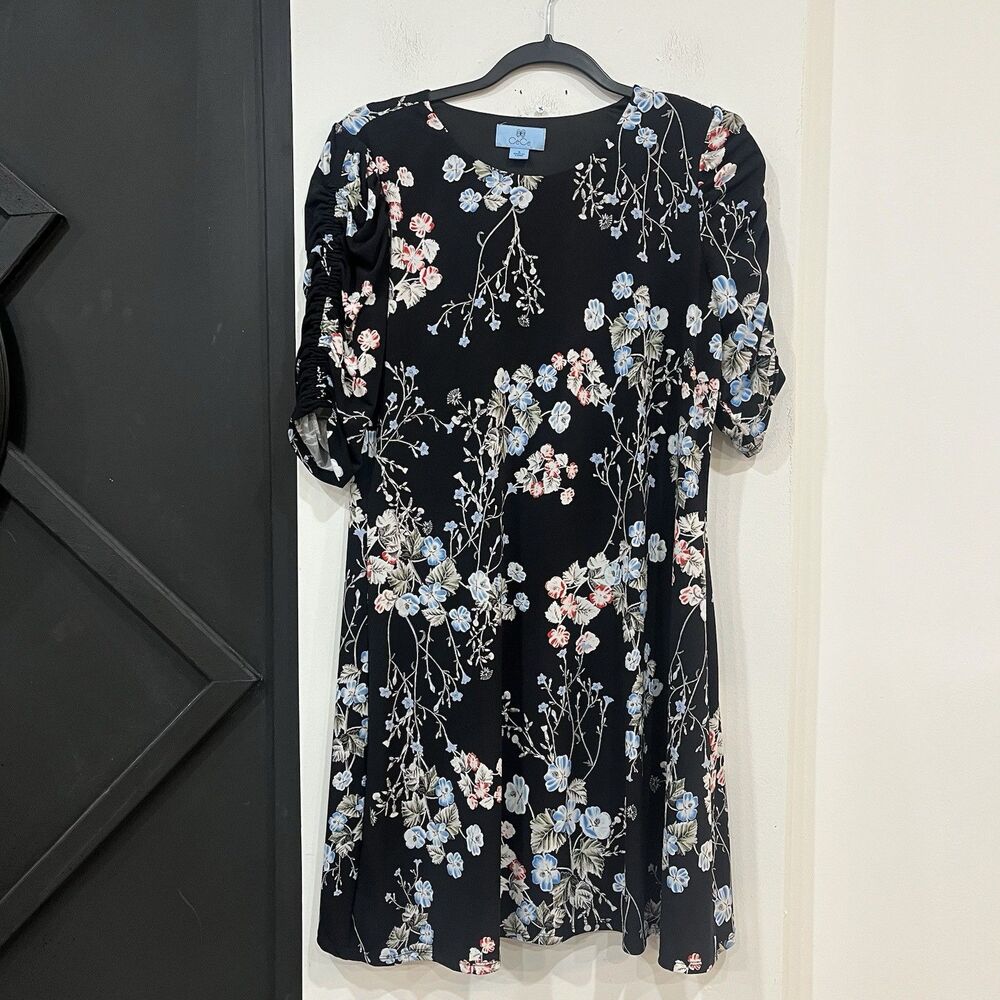Cece Black Floral 3/4 Sleeve Ruched Lined Dress Size Small Office